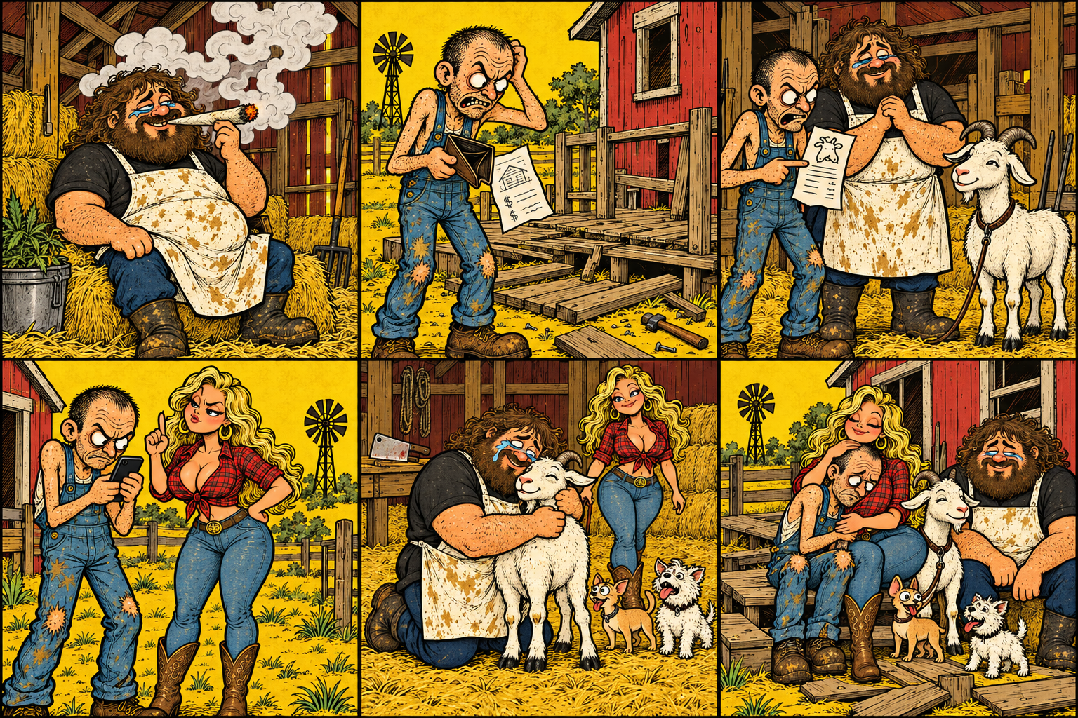 Comic panels showing the broken deck, the ordered goat, and Butcher Brain protecting the goat.